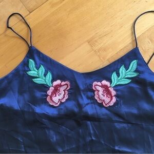 Floral, Embroidered, Tank Top, Navy Blue, Pink, Green, Size S